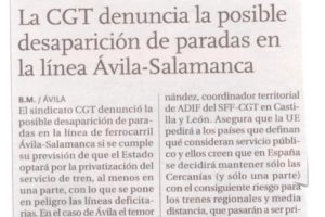 CGT vaticina la supresión del tren Ávila-Salamanca con parada en todas las estaciones