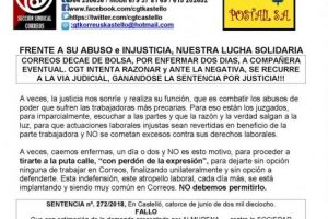[CGT-Correos [Castelló] Correos, condenada por expulsar de la bolsa de empleo a una trabajadora que enfermó dos días