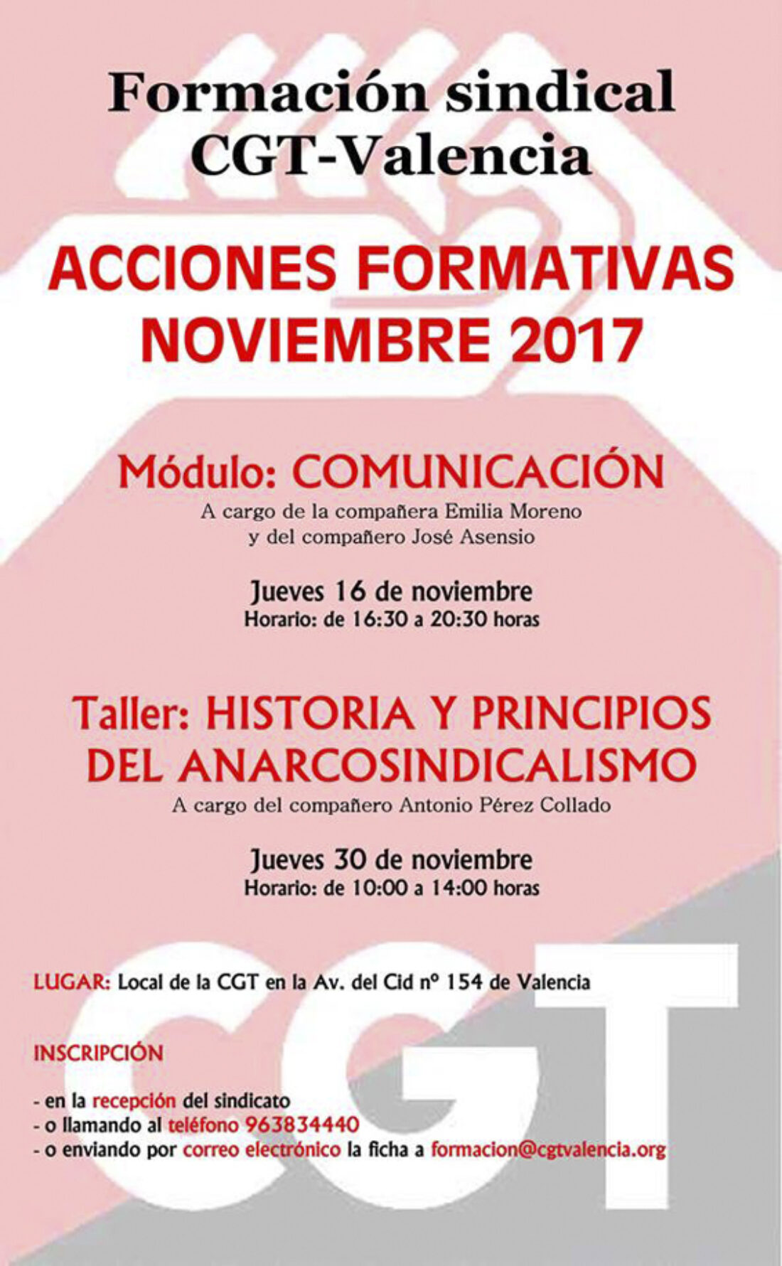 Acciones formativas de CGT-Valencia para noviembre 2017