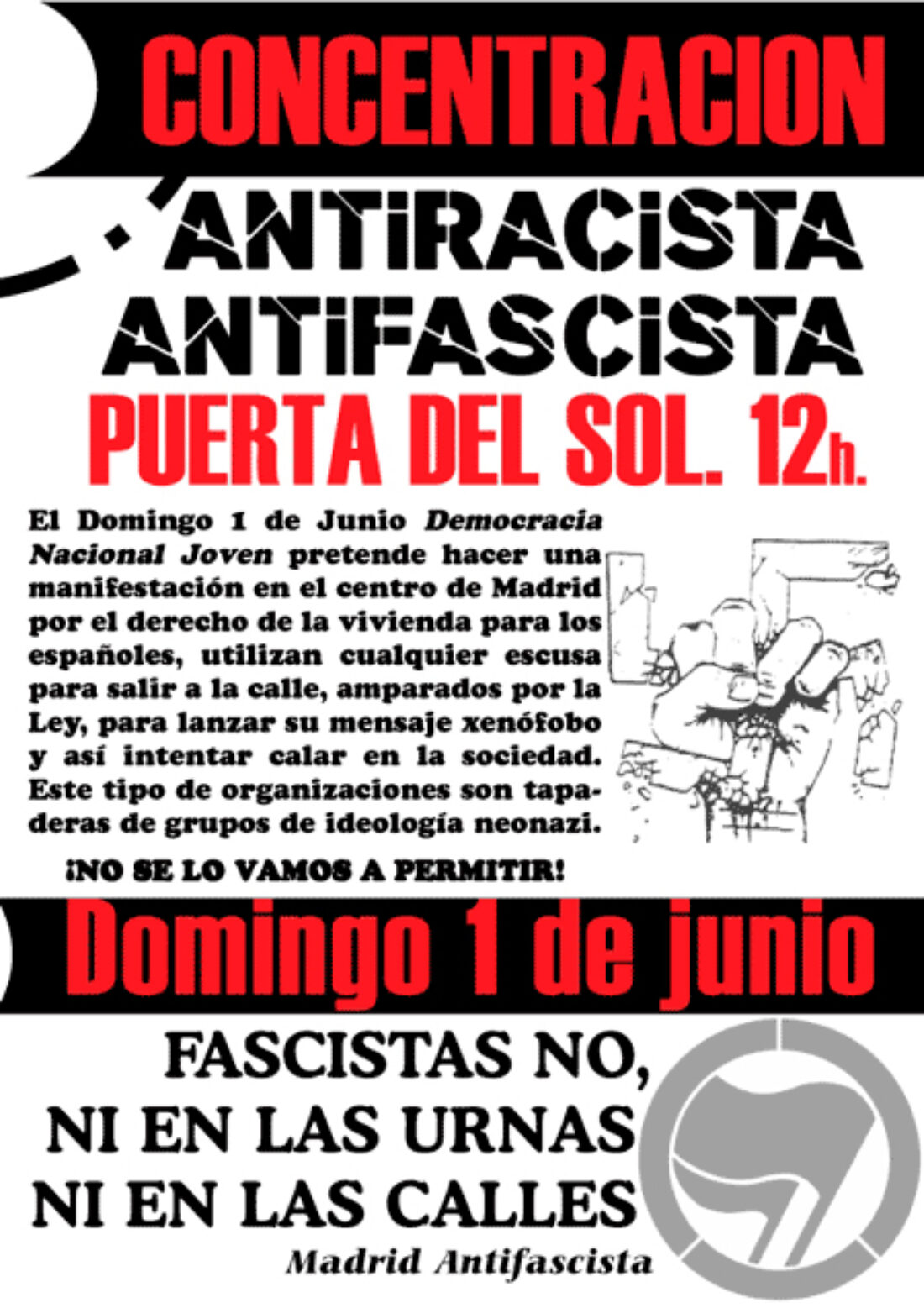 Madrid Antifascista llama a protestar este domingo contra una manifestación de Democracia Nacional