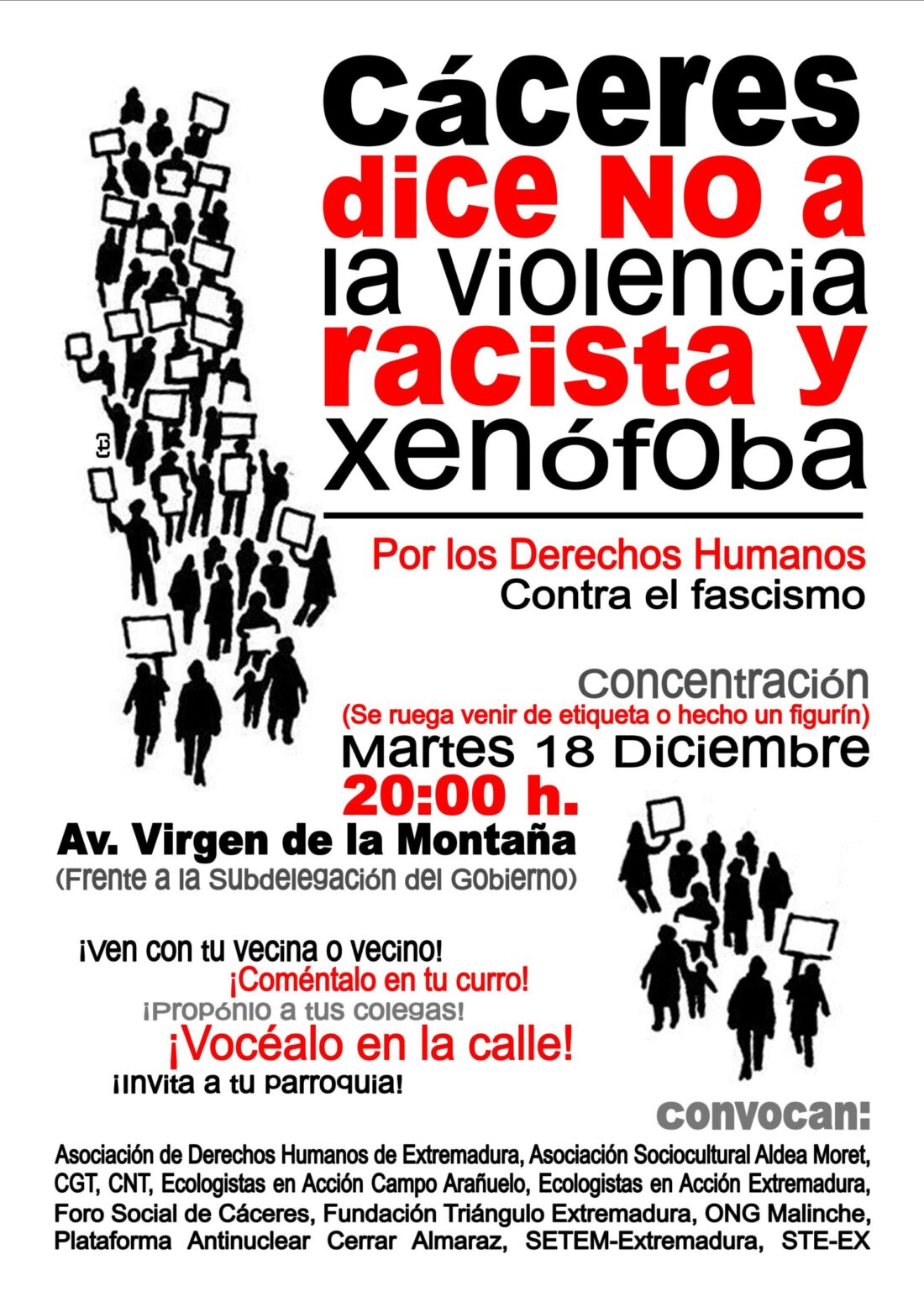 Concentración «Cáceres dice NO A LA VIOLENCIA RACISTA Y XENOFOBA». Martes 18 de diciembre a las 20.00 frente a la Subdelegación del Gobierno.