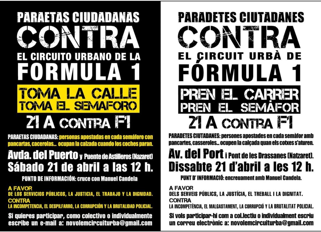 Valencia: 2ª edición de las paraetas ciudadanas contra el circuito urbano de la Fórmula 1.