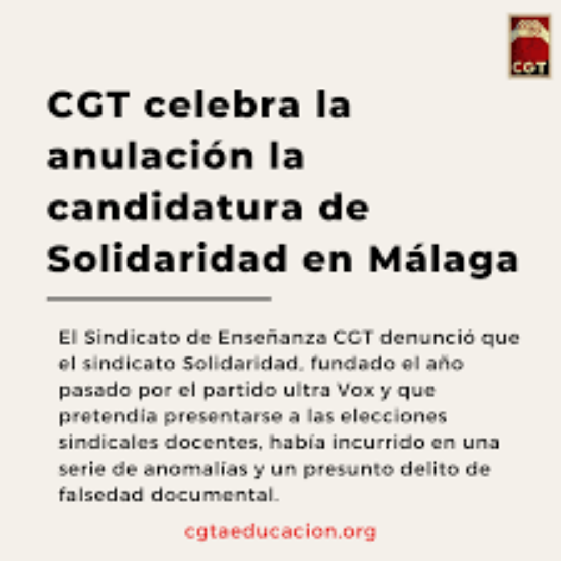 CGT celebra la anulación la candidatura de Solidaridad en Málaga