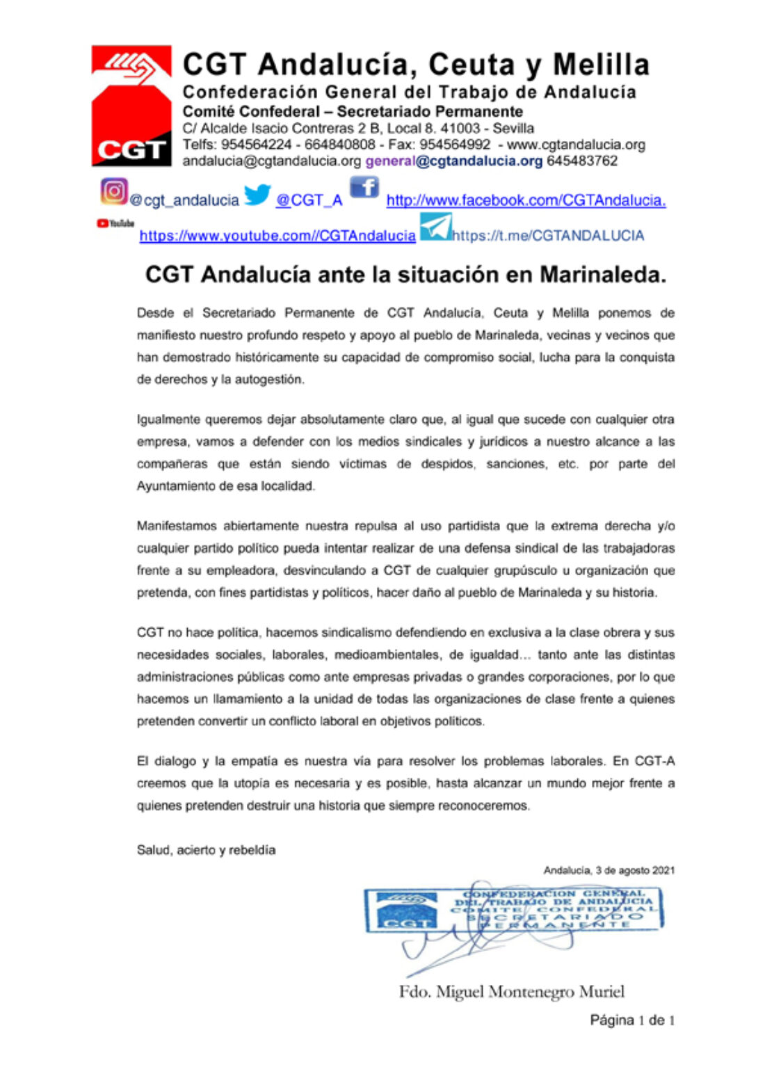 CGT Andalucía ante la situación en Marinaleda