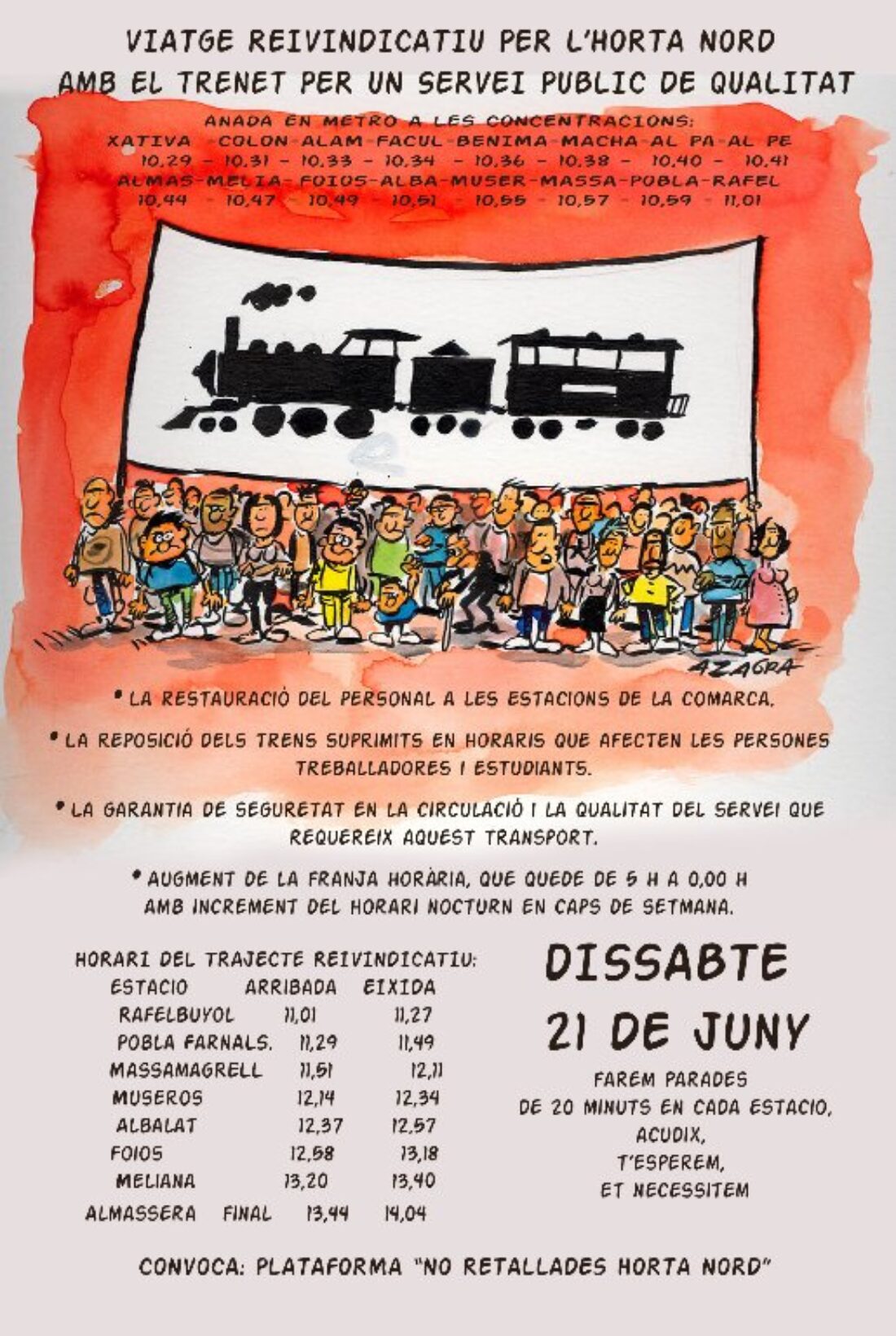 21-j: La Plataforma «No Retallades Horta Nord» llama a participar en el viaje reivindicativo en metro por un servicio público y de calidad