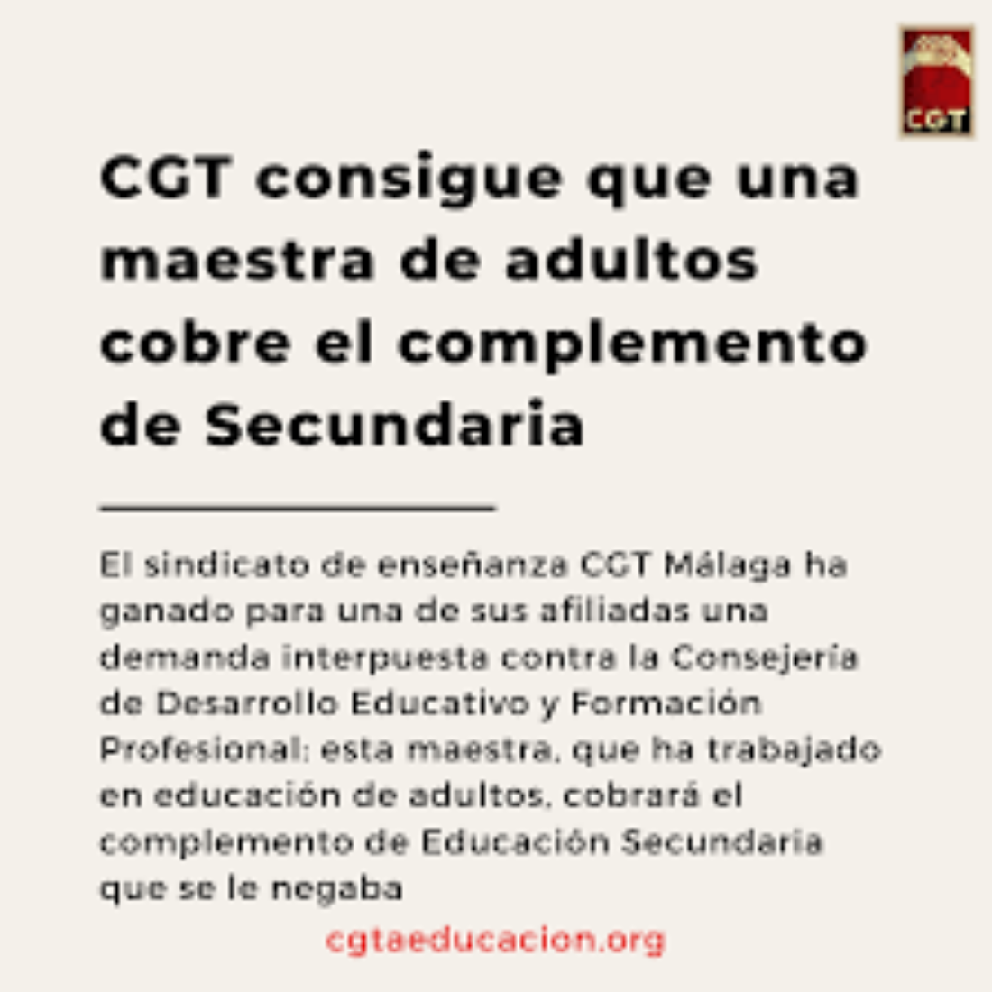 CGT consigue que una maestra de adultos cobre el complemento de Secundaria