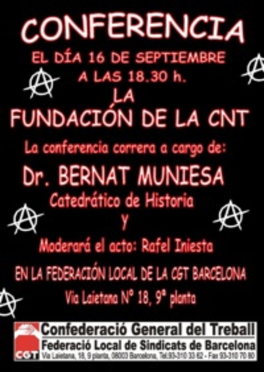 16 septiembre, Barcelona : Conferencia «La fundación de la CNT»