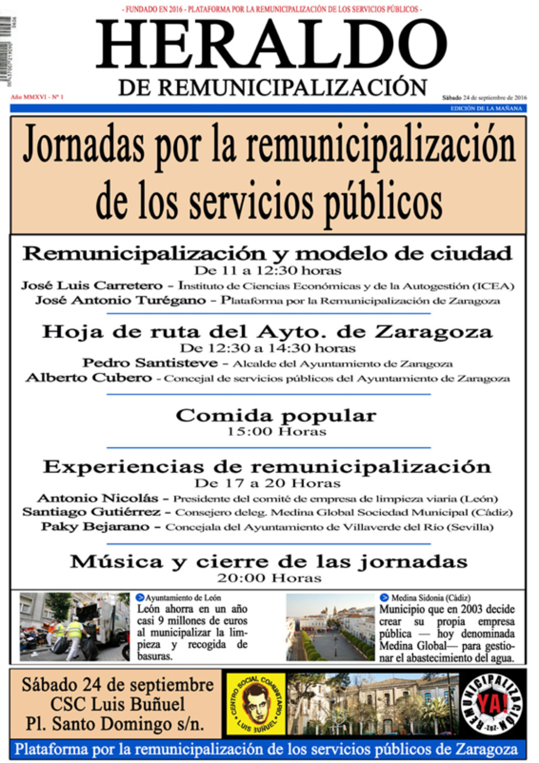 La Plataforma por la remunicipalización de Zaragoza organiza unas jornadas el 24 de septiembre