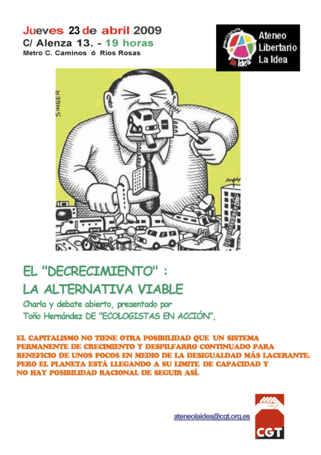 Ateneo Libertario «La Idea» (CGT Madrid) : jueves 23, Decrecimiento Sostenible