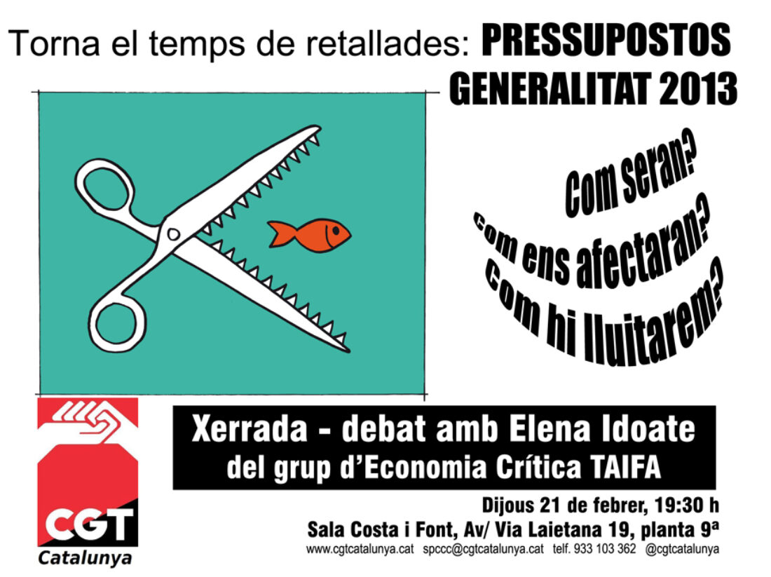 Barcelona: Charla sobre los recortes y los presupuestos de la Generalitat para 2013, a cargo de Elena Idoate.