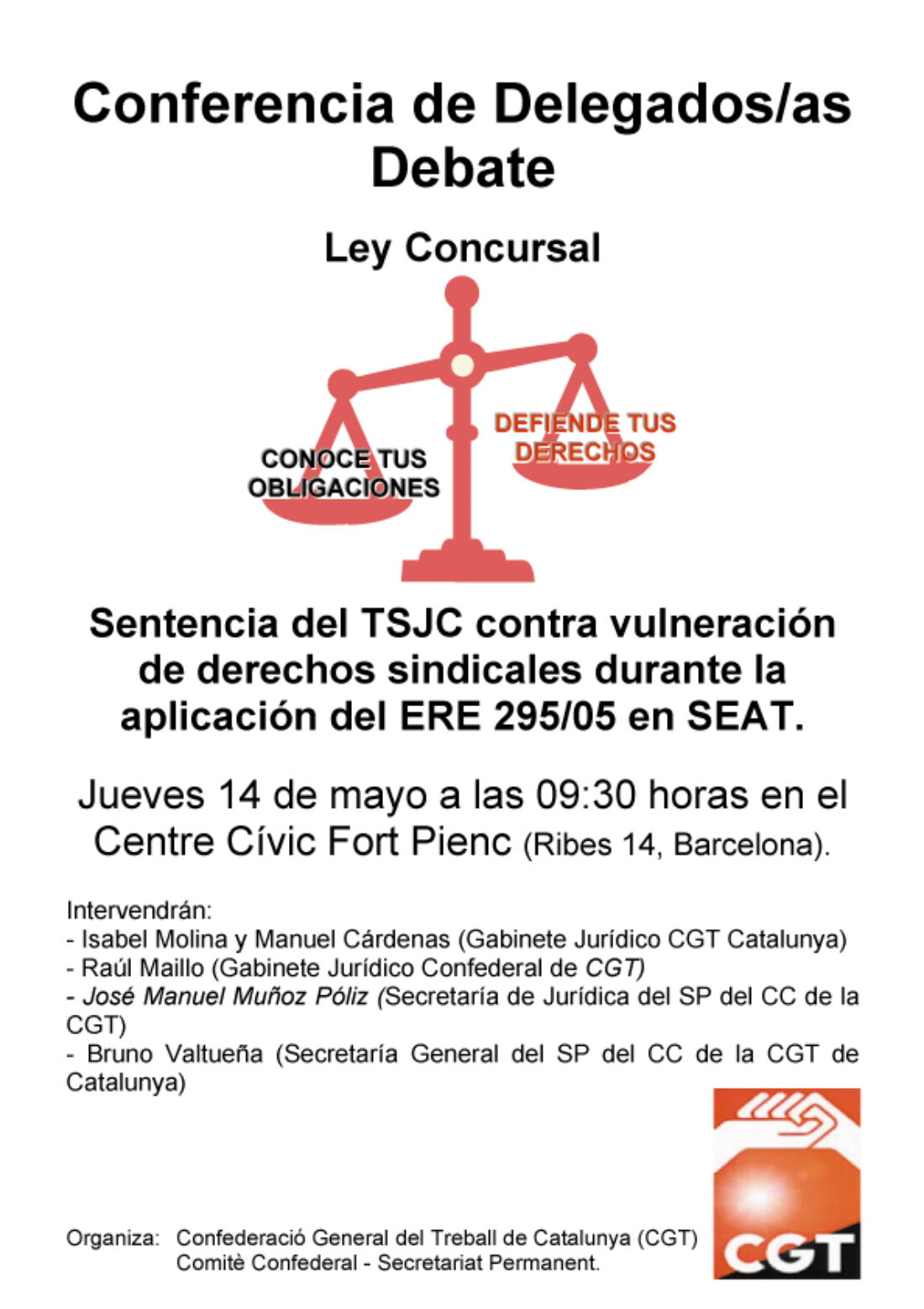 Conferència de delegats/des de la CGT de Catalunya sobre la Llei Concursal i la Sentència del TSJC contra SEAT per vulneració de drets sindicals