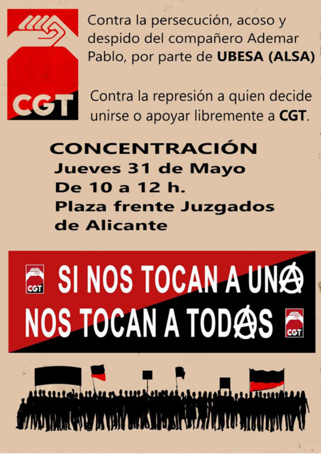 31-m Alacant: Concentración frente a los juzgados por la readmisión de Ademar Pablo, represaliado por ser delegado sindical de CGT en Ubesa (Alsa)