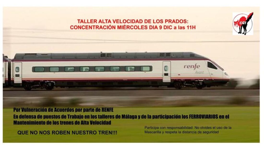 Concentración en defensa del mantenimiento de los trenes de alta velocidad en Málaga por personal de RENFE