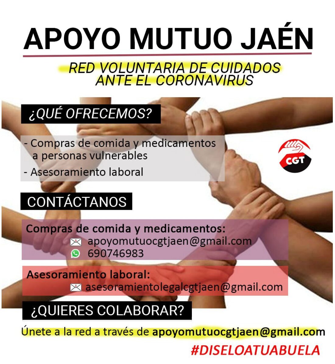 CGT Jaén lanza la red voluntaria de cuidados ante la crisis causada por el coronavirus, “Apoyo Mutuo Jaén”